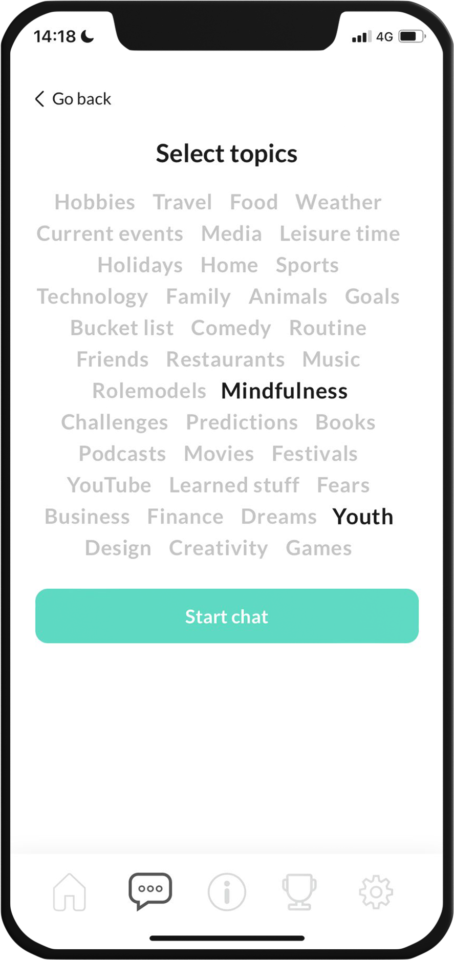 Voyage app selecting interests screen